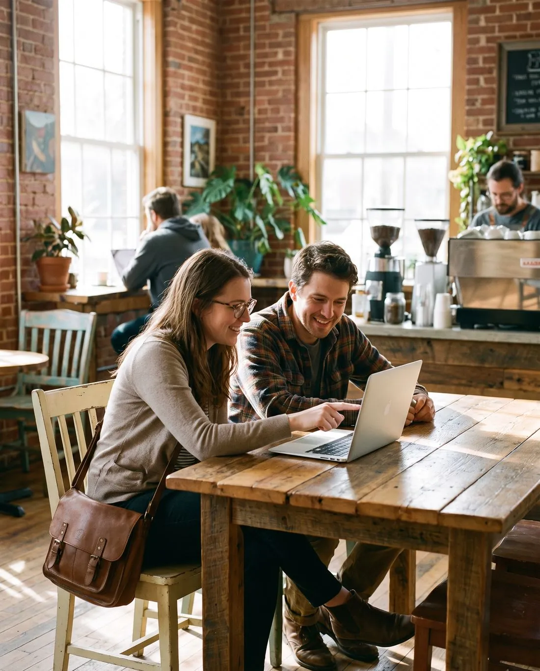 A web designer and a business owner reviewing a website draft on a laptop in a small-town coffee shop