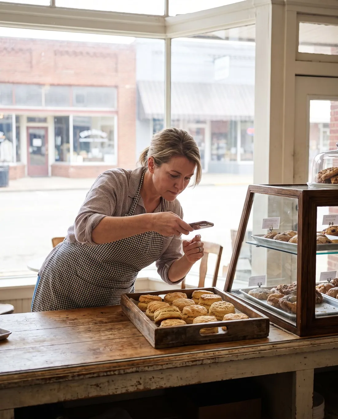 A bakery owner photographing a tray of fresh biscuits with her phone at her counter, a brick main street through the window