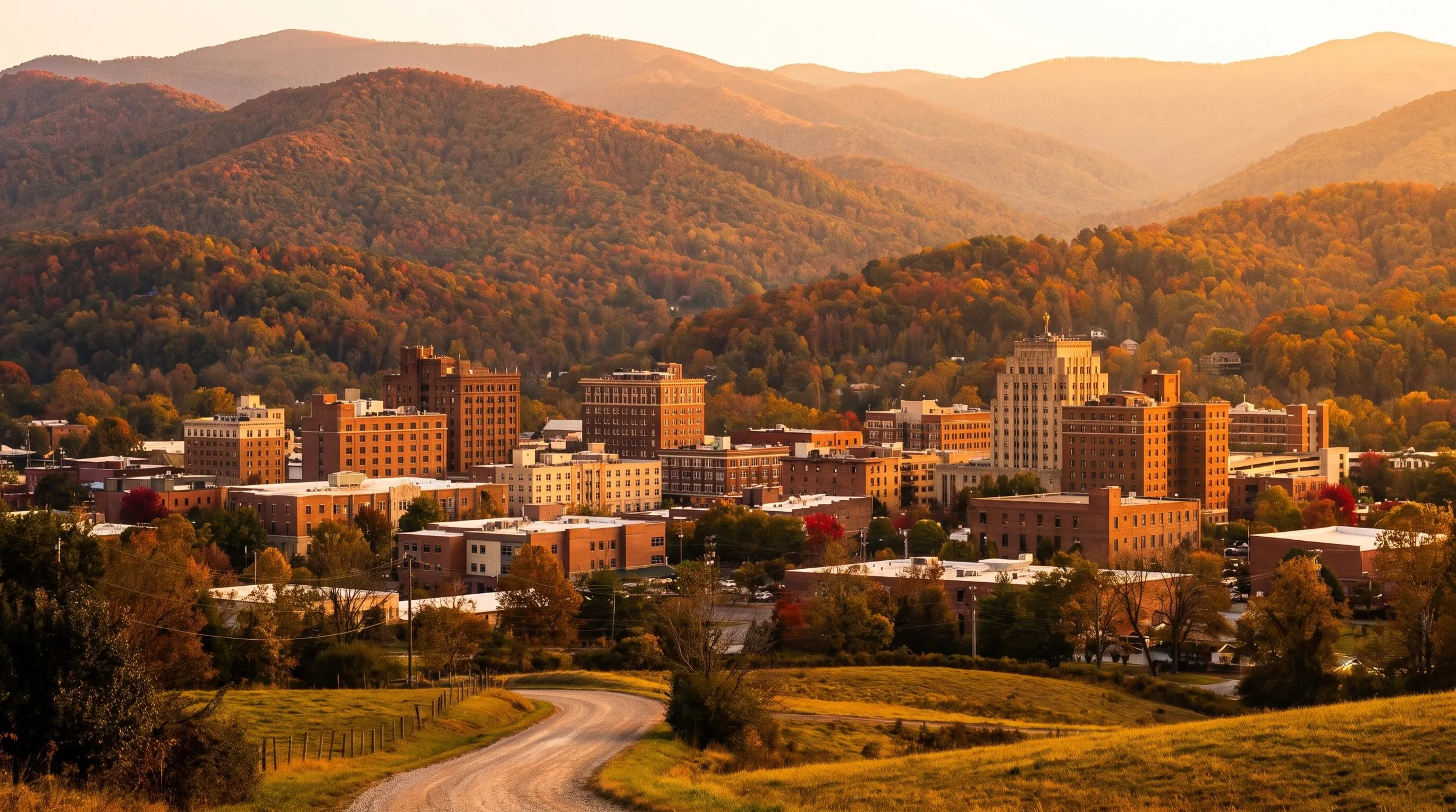 Downtown Asheville with the Blue Ridge Mountains behind it at golden hour