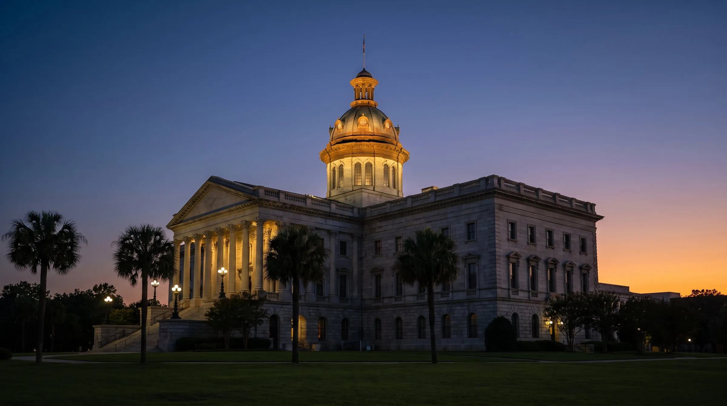 The South Carolina State House in Columbia at dusk