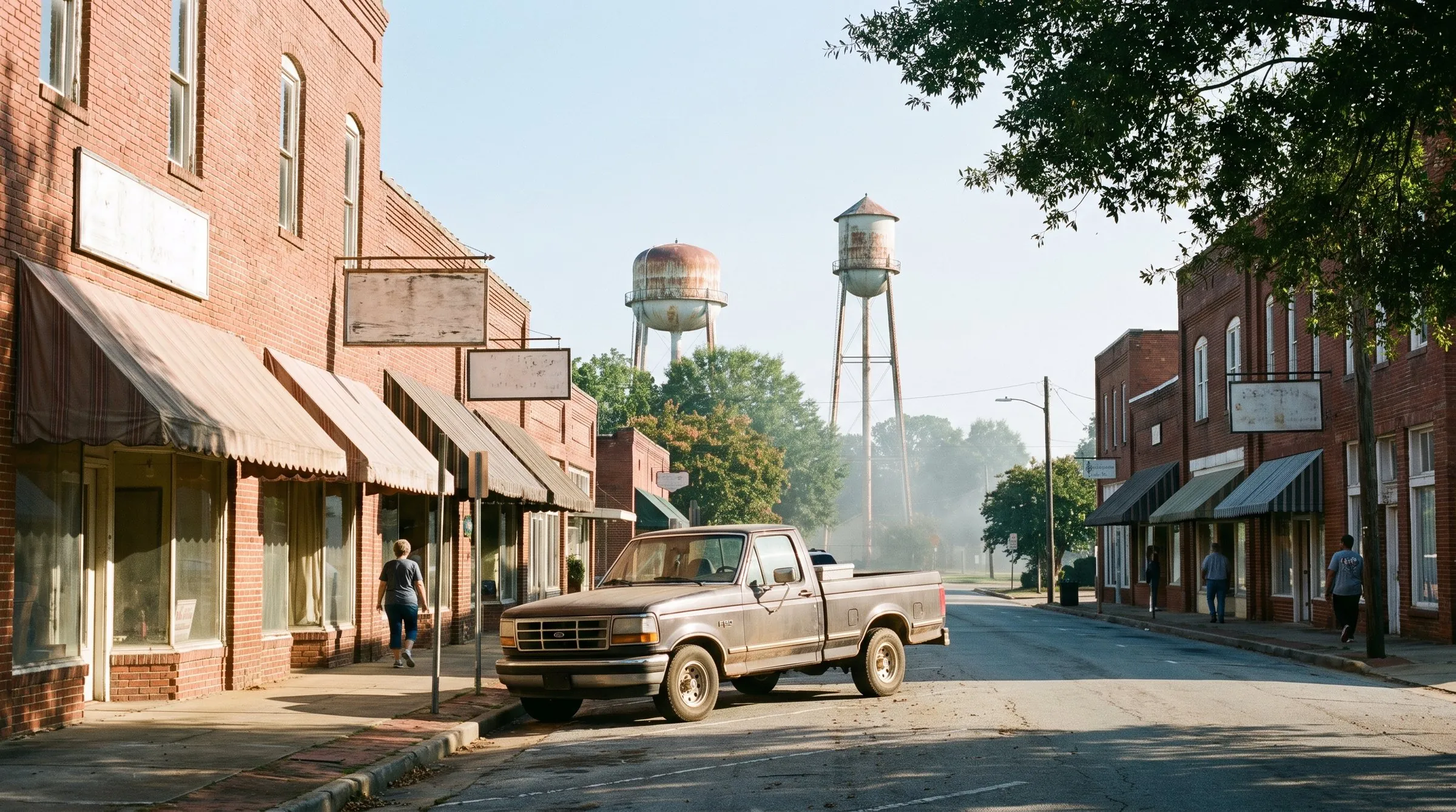 A small-town South Carolina main street in morning light