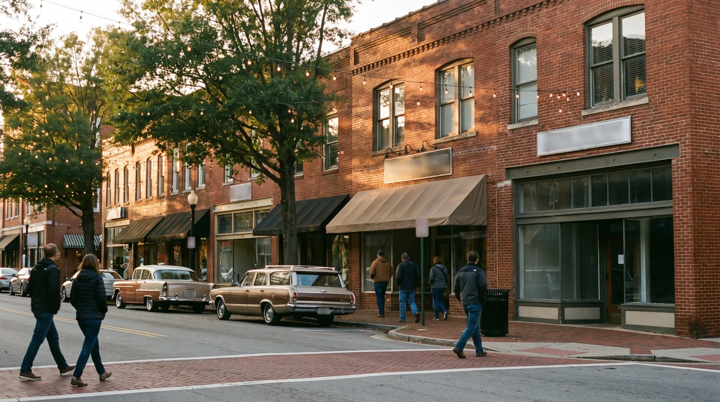 Brick storefronts on South Elm Street in downtown Greensboro at golden hour