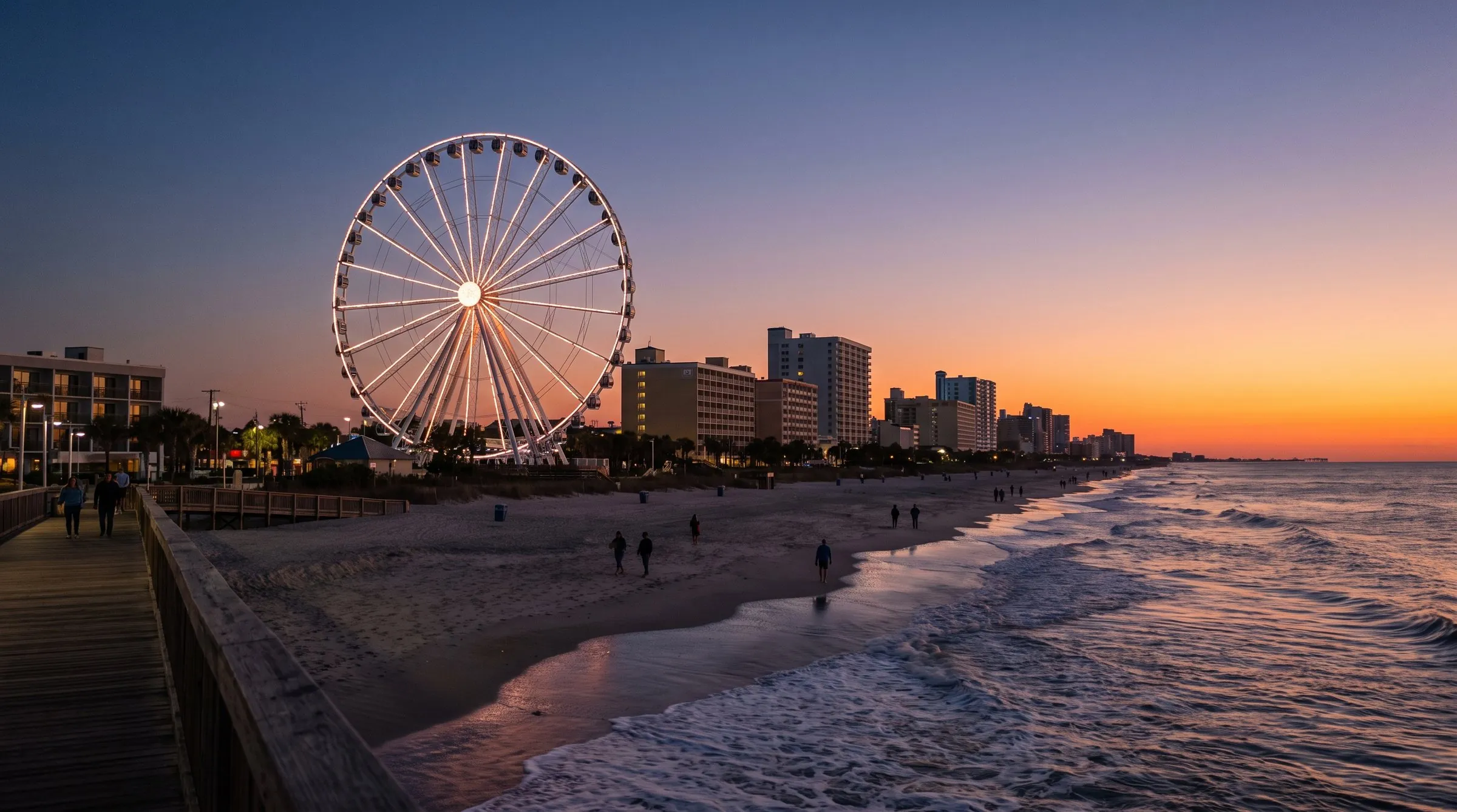 The Myrtle Beach boardwalk and oceanfront at dusk