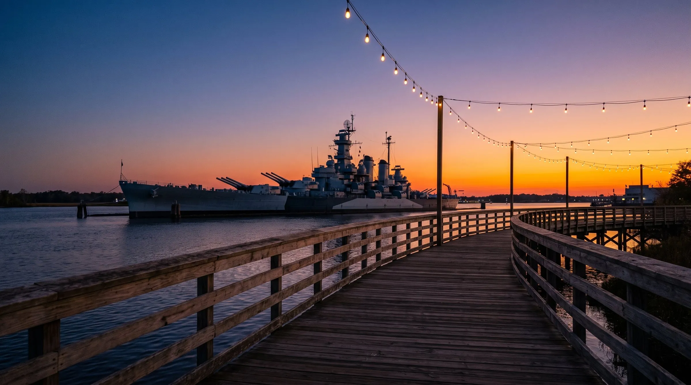 The Wilmington Riverwalk on the Cape Fear River at dusk