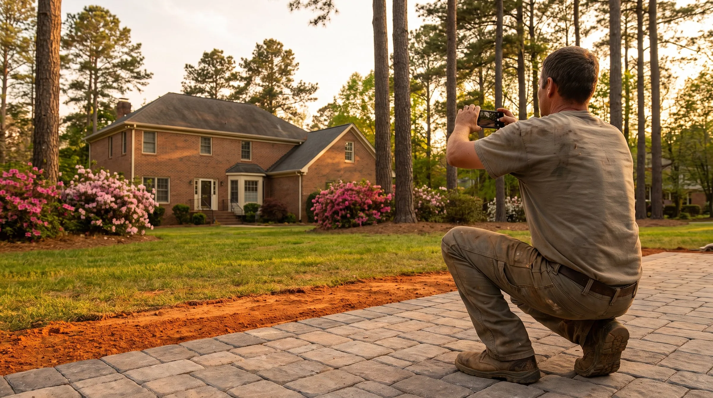 A crew lead kneeling on a finished paver patio, photographing it with his phone behind a brick house in a North Carolina suburb