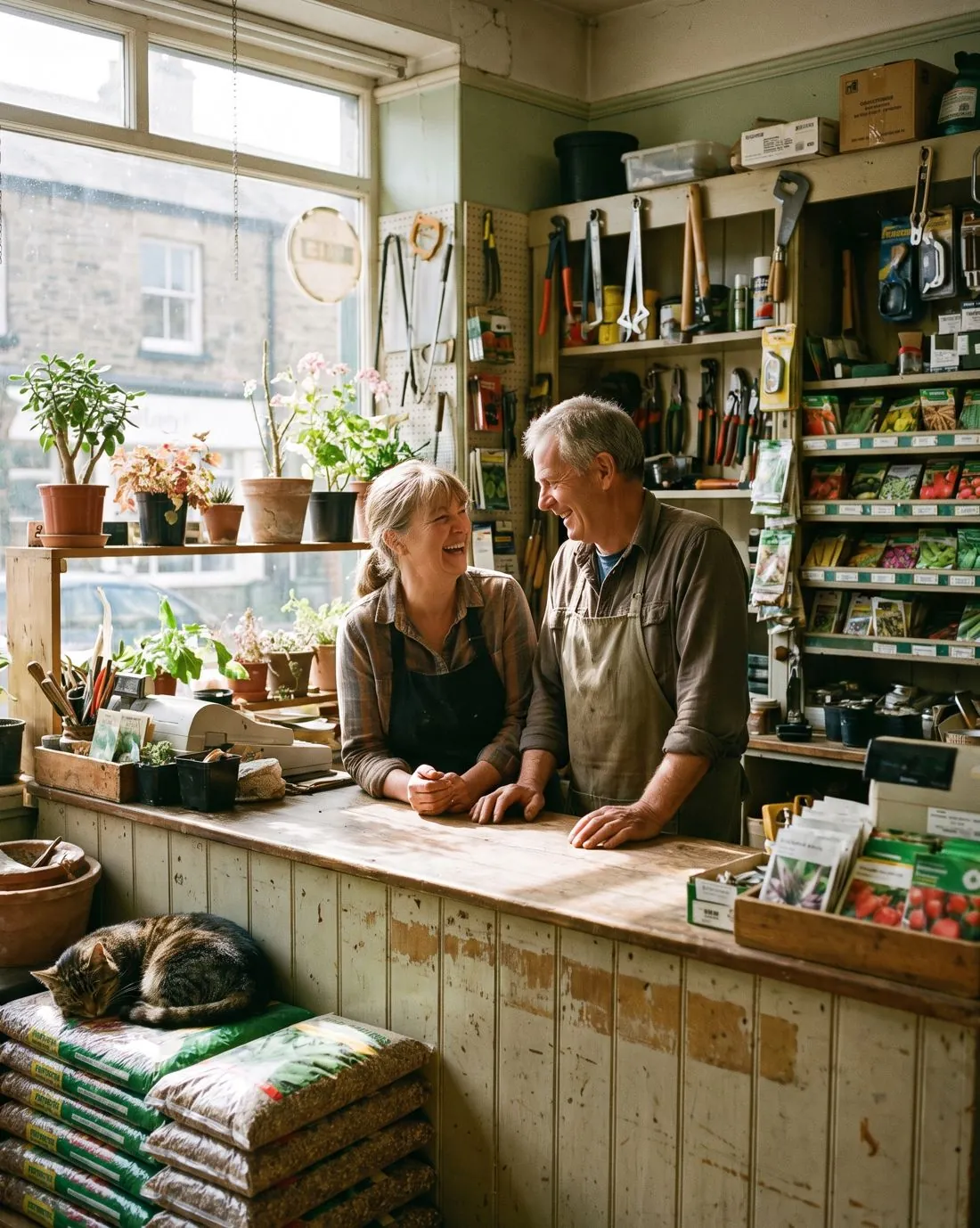 Two owners laughing behind the counter of a small garden and hardware shop