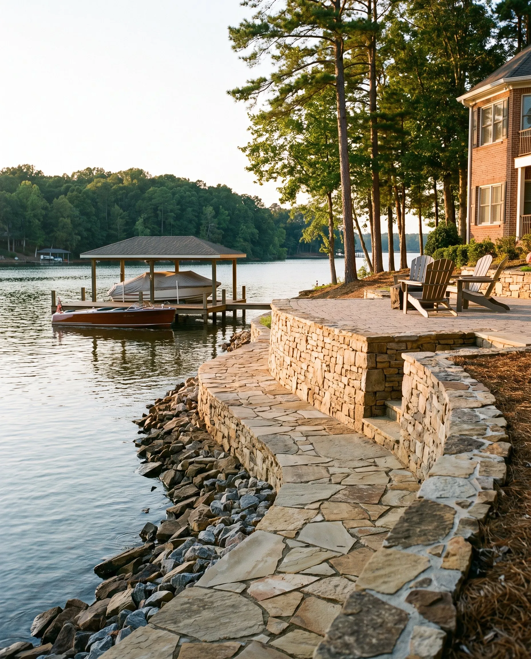 A lakefront back yard with a stone retaining wall, flagstone steps and a covered dock at golden hour