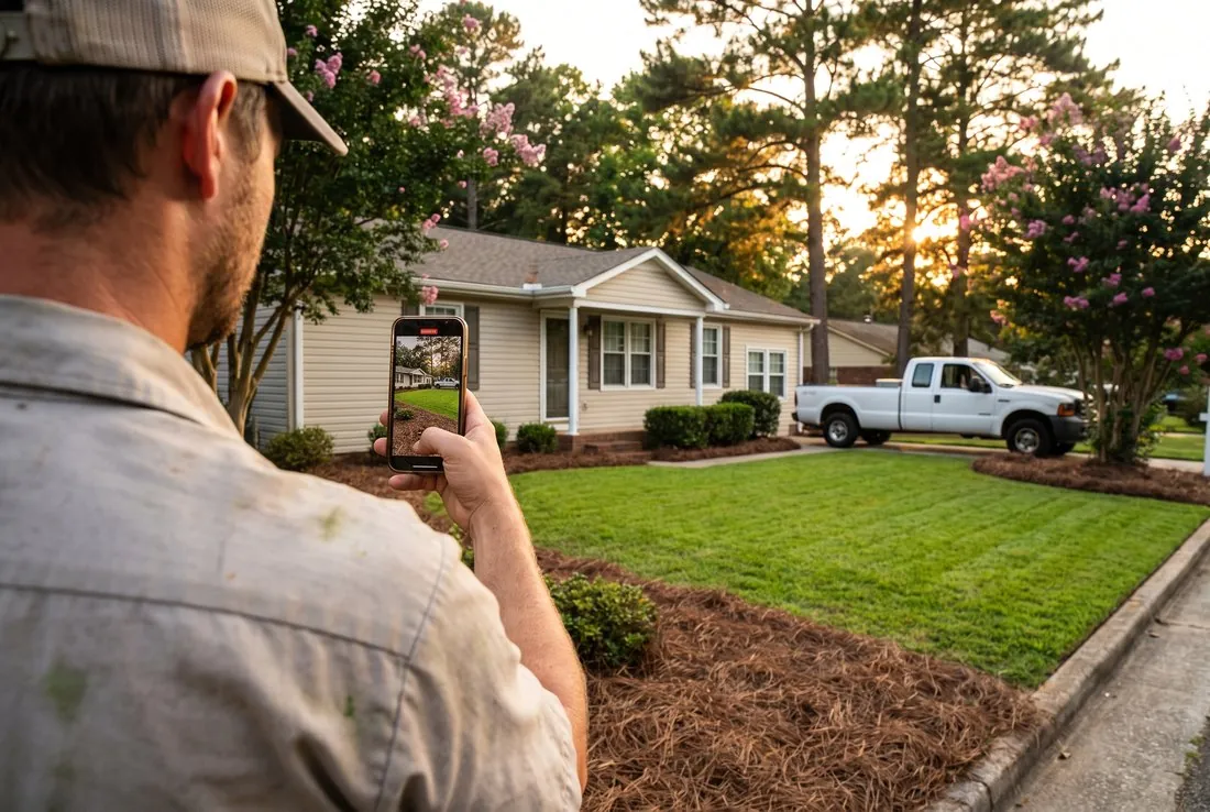 A landscaper filming a phone video of a freshly edged lawn and pine-straw beds in front of a Carolina ranch house