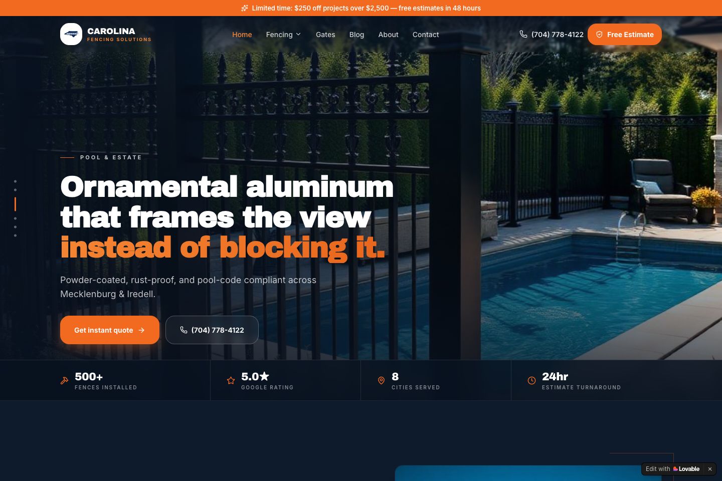 Carolina Fencing Solutions website homepage