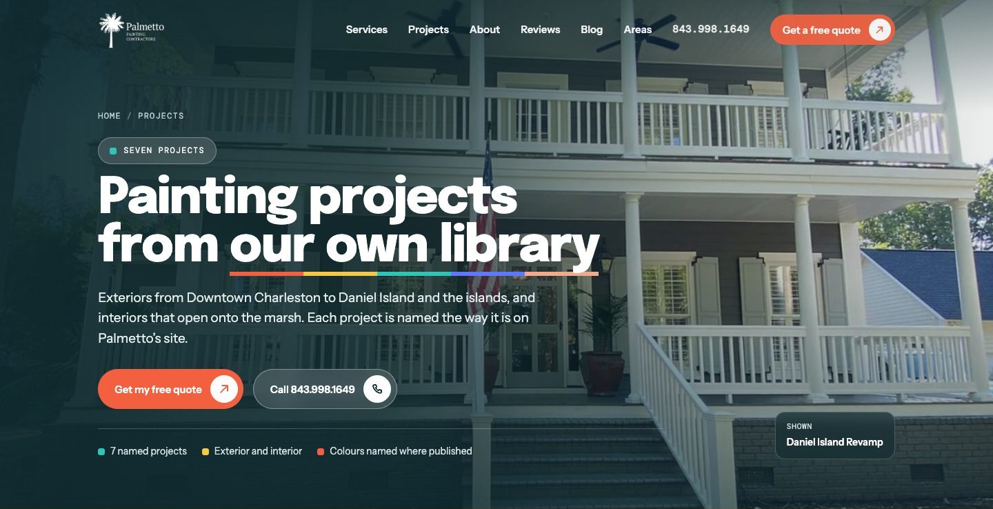 Palmetto Painting Contractors projects hub: the headline “Painting projects from our own library” over a photo of the Daniel Island Revamp project, a house with two stories of white porches