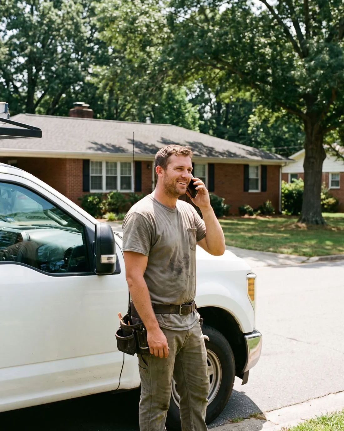 A contractor in a work belt taking a call beside his white pickup outside a brick ranch house