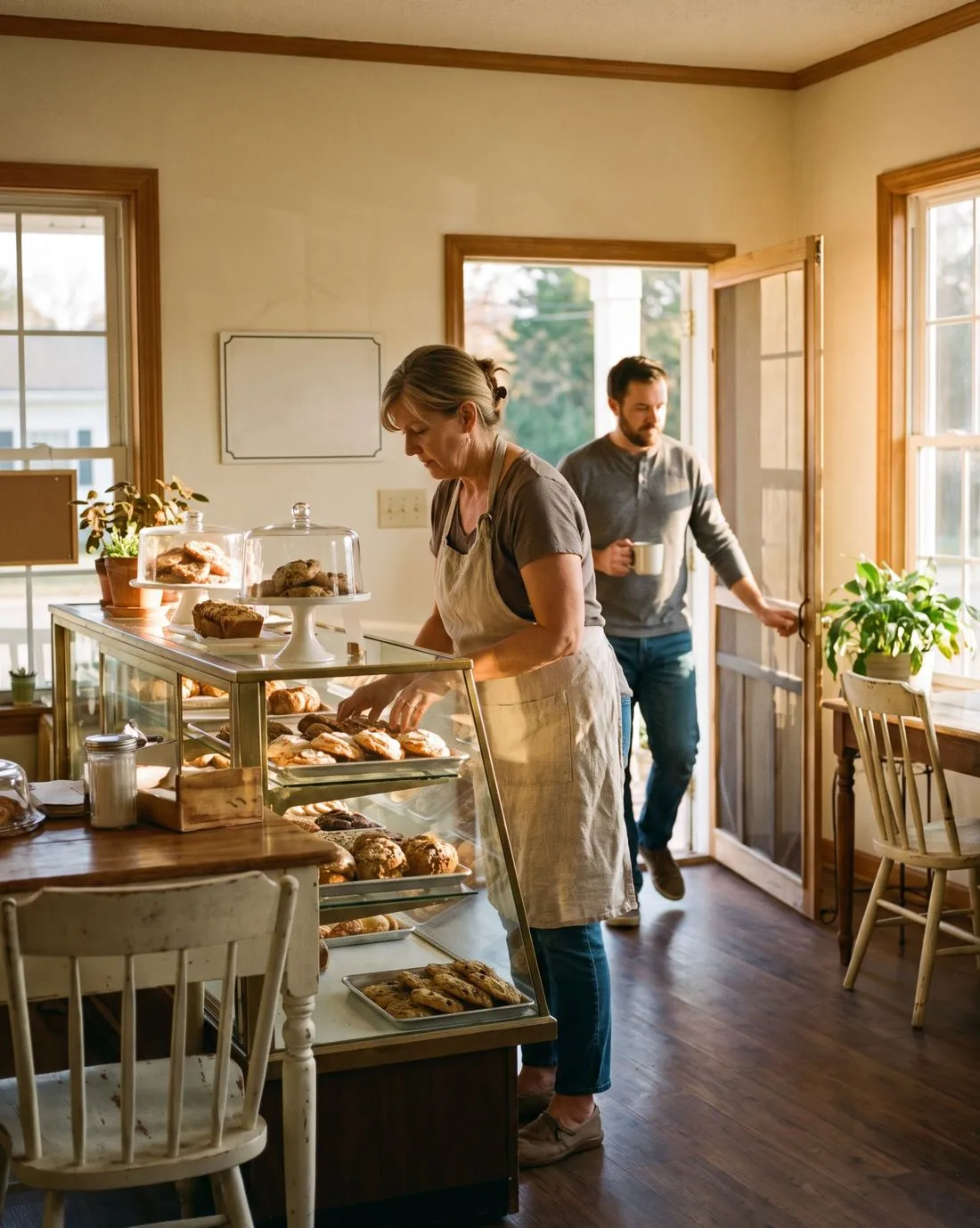 A baker filling the pastry case as a customer walks in with a coffee