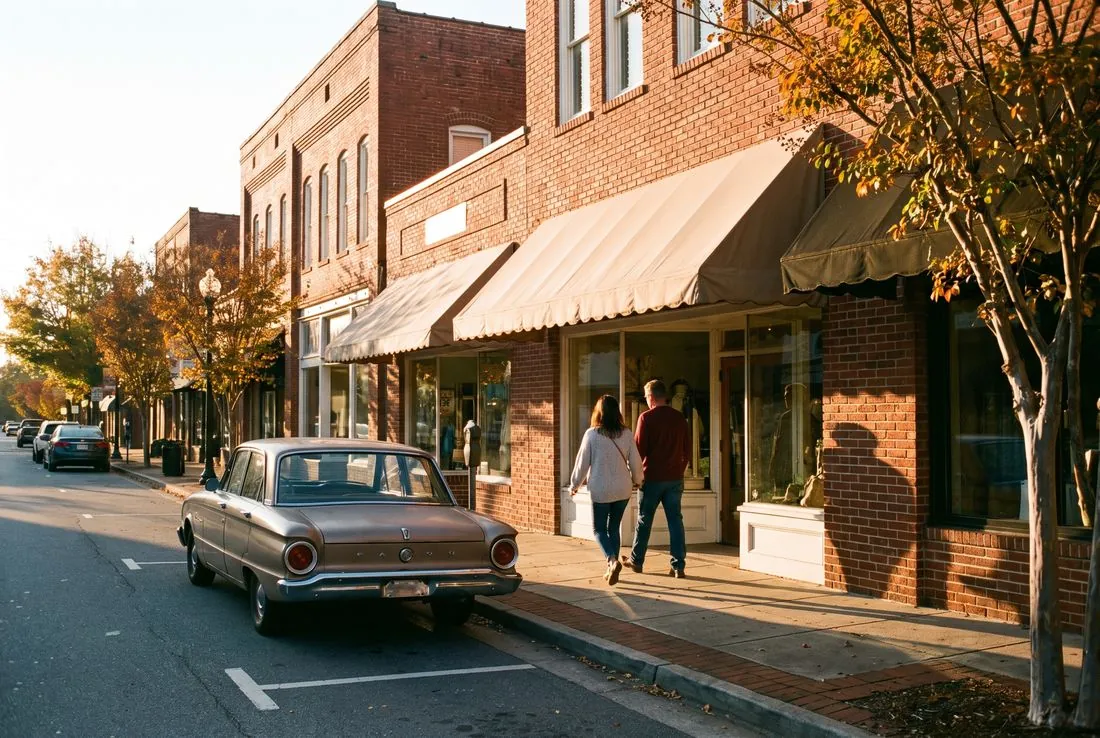 Customers walking into a small shop on a brick main street in North Carolina at golden hour