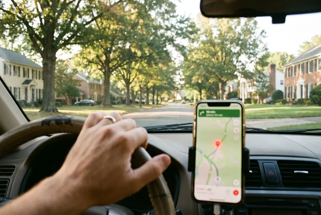 A driver following a map pin on a phone mounted on the dashboard