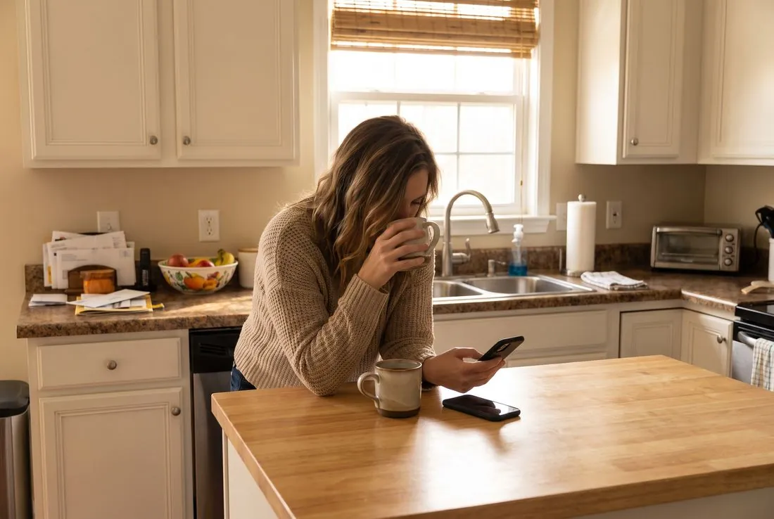 A woman at her kitchen counter searching on her phone over morning coffee