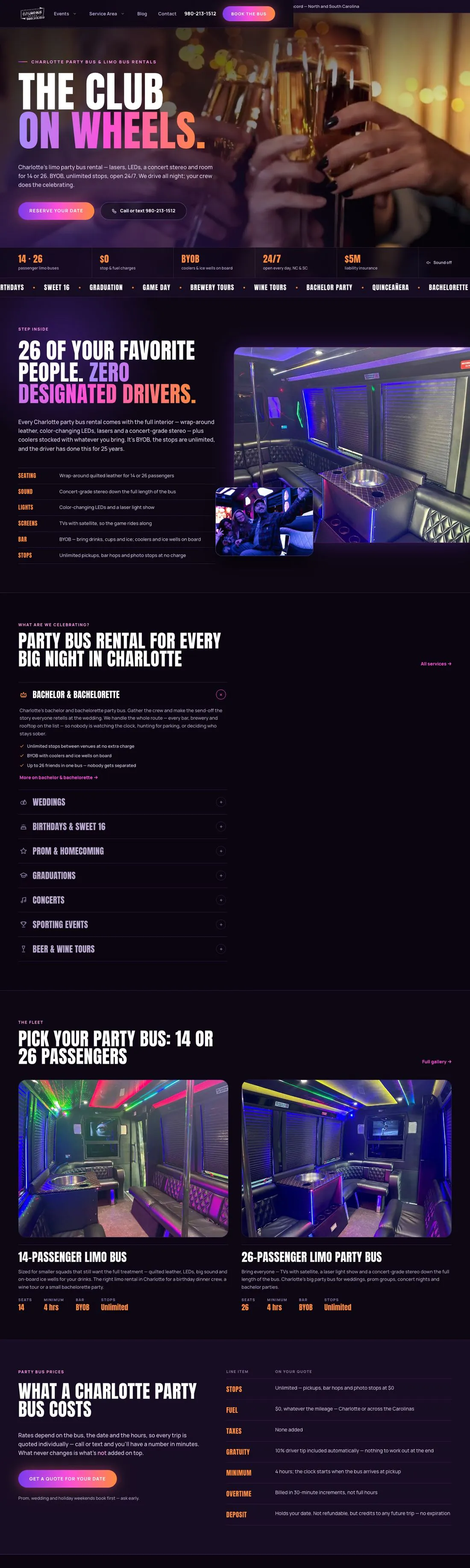 CLT Limo Bus new homepage, The club on wheels, Charlotte party bus