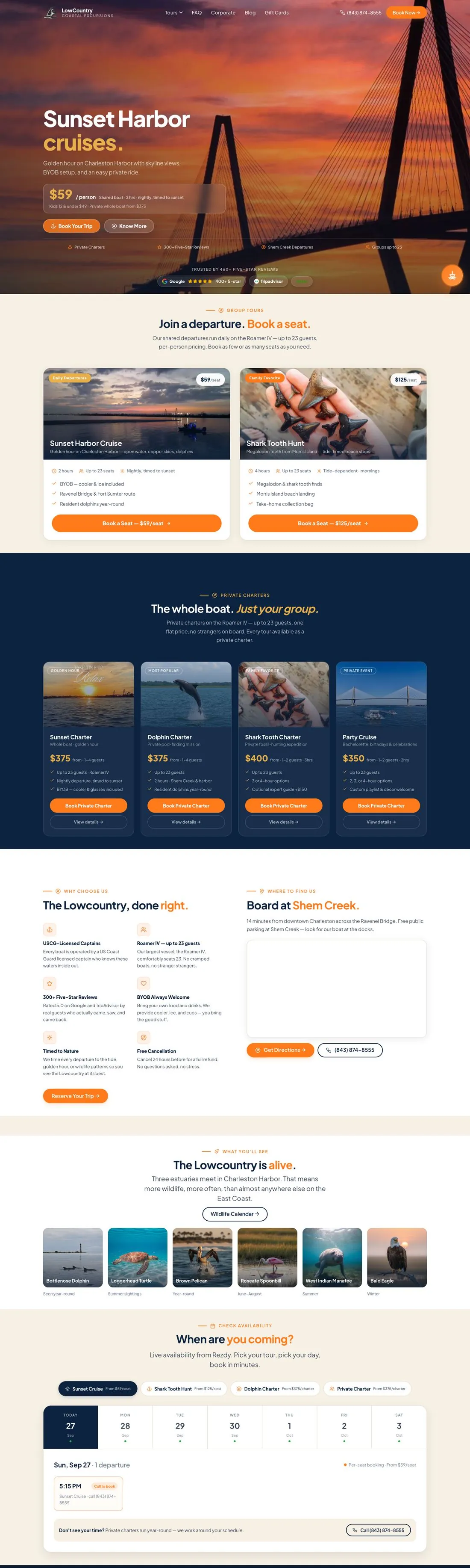 Charleston Shark Teeth Hunting homepage with sunset harbor cruises