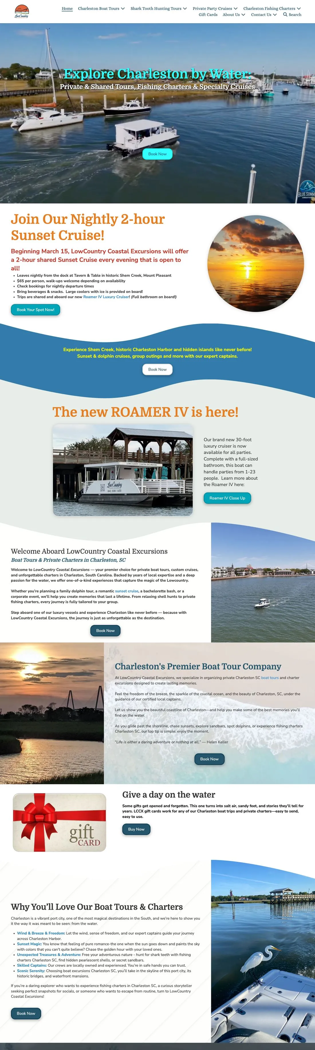 LowCountry Coastal Excursions homepage, Charleston boat tours