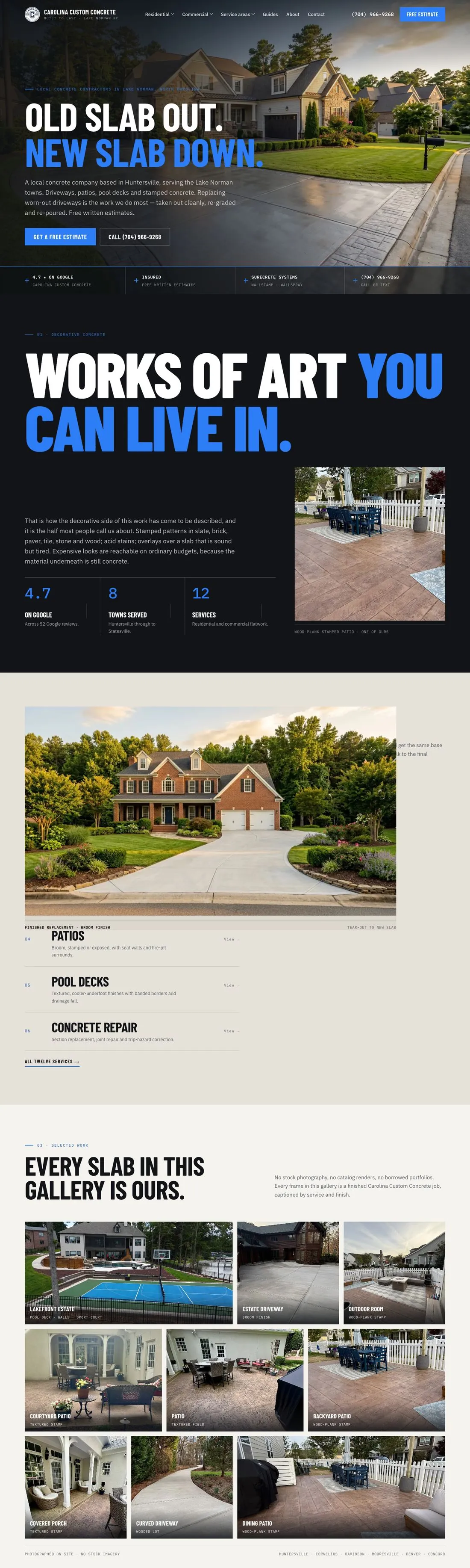 Carolina Custom Concrete homepage, headline Old slab out, new slab down