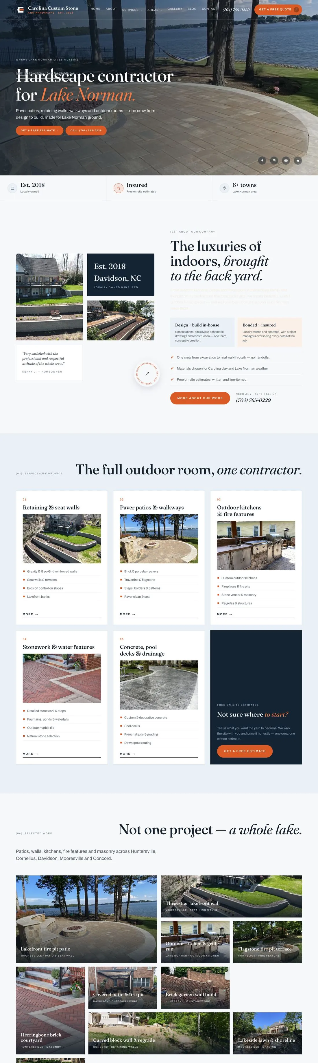 Lake Norman hardscape contractor homepage scrolling from the lake-view hero through services and gallery