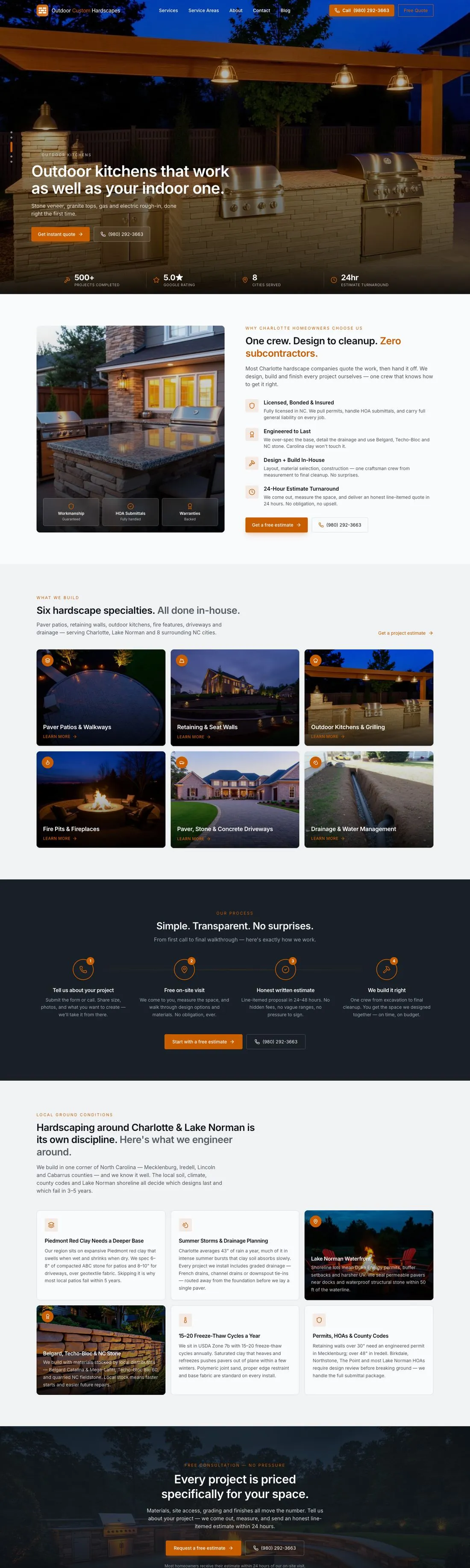Outdoor Custom Hardscapes homepage with a lit outdoor kitchen at night