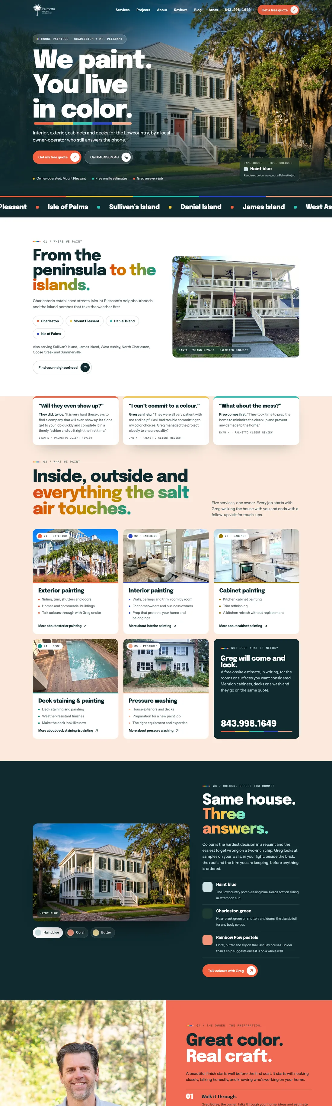 The Palmetto Painting Contractors homepage, top to bottom