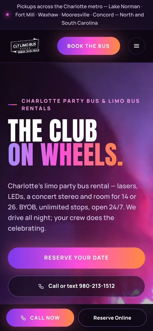 CLT Limo Bus homepage on a phone