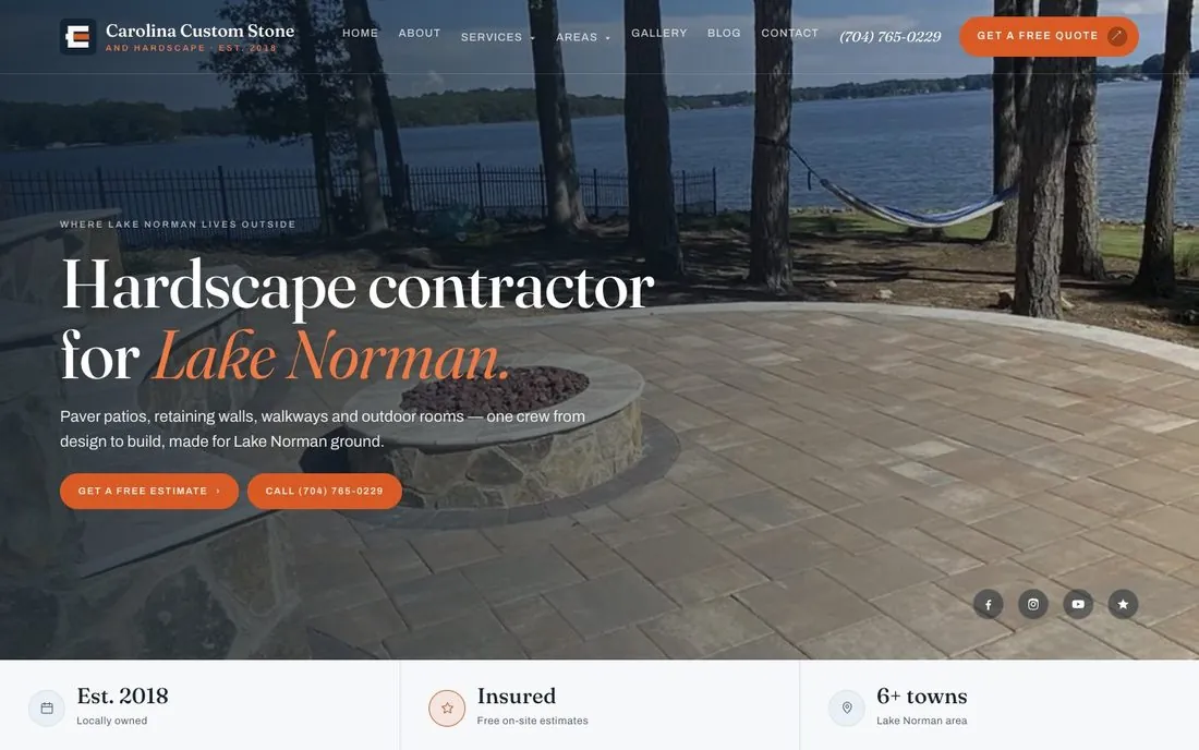 The homepage of a Lake Norman hardscape contractor, a live SkyBridge client site
